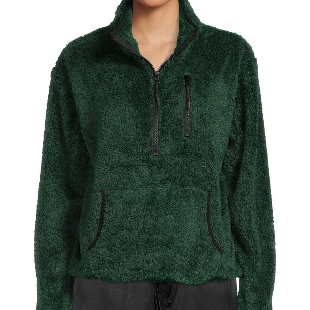 outerwear fluffy quarter zip Sherpa pullover forest green